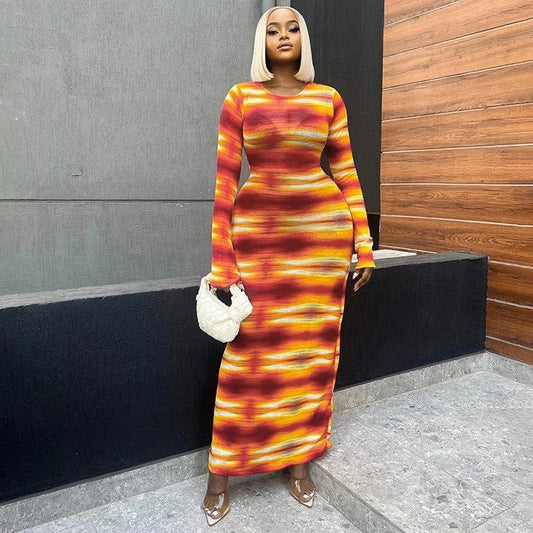 Bomblook R23DS255 Color Blocking Outfits Maxi Dress Ladies Woman Print Dress Spring 2024 Long Sleeve Vacation Dresses