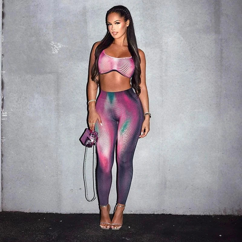 Bomblook R23ST033 Sporty Women's Set Sexy Print Color Blocking Sweatsuit Leggings Two Piece Pants Set Fall Outfits