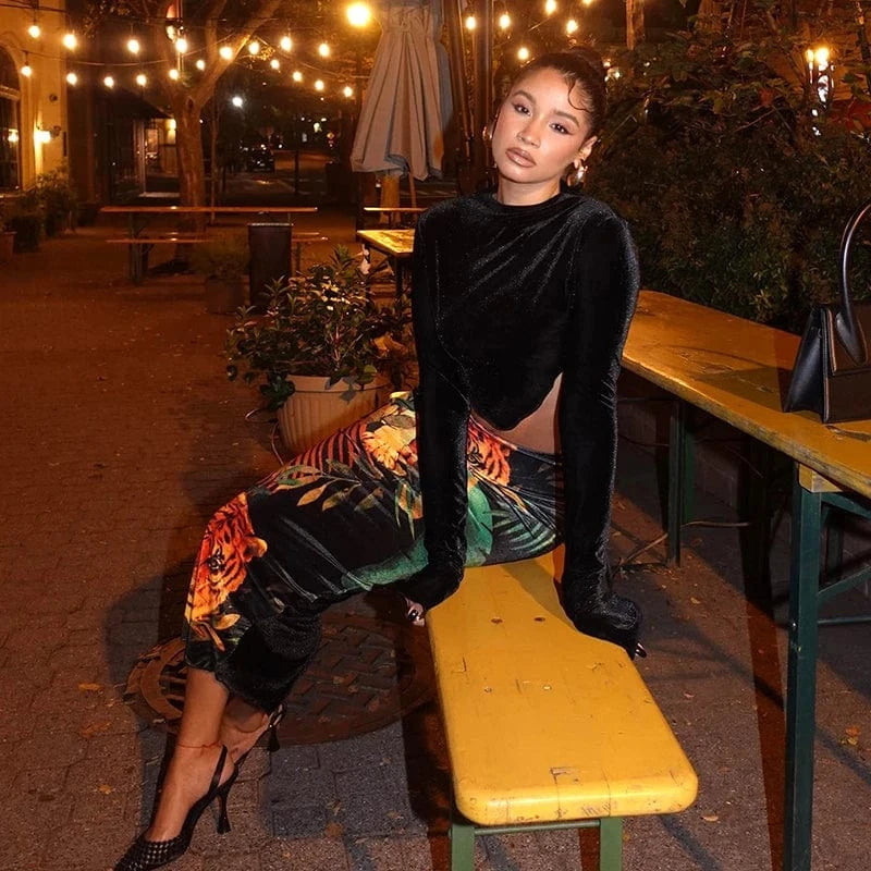 Bomblook R23ST103 Fashion Outfits 2024 Spring Velvet Irregular Top Fit Women Tiger Print Midi Skirt Sexy For Women 2 Pieces Sets