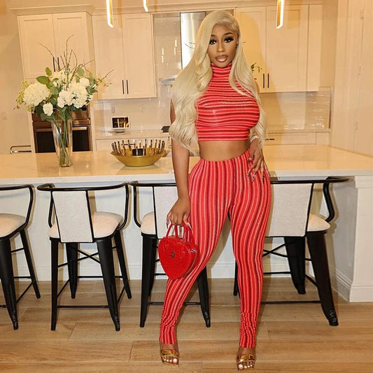 Bomblook R24ST018 New Arrivals Striped Sport Outfits Fitness Stand Collar Top Printed Two Piece Pants Summer Set Women 2024