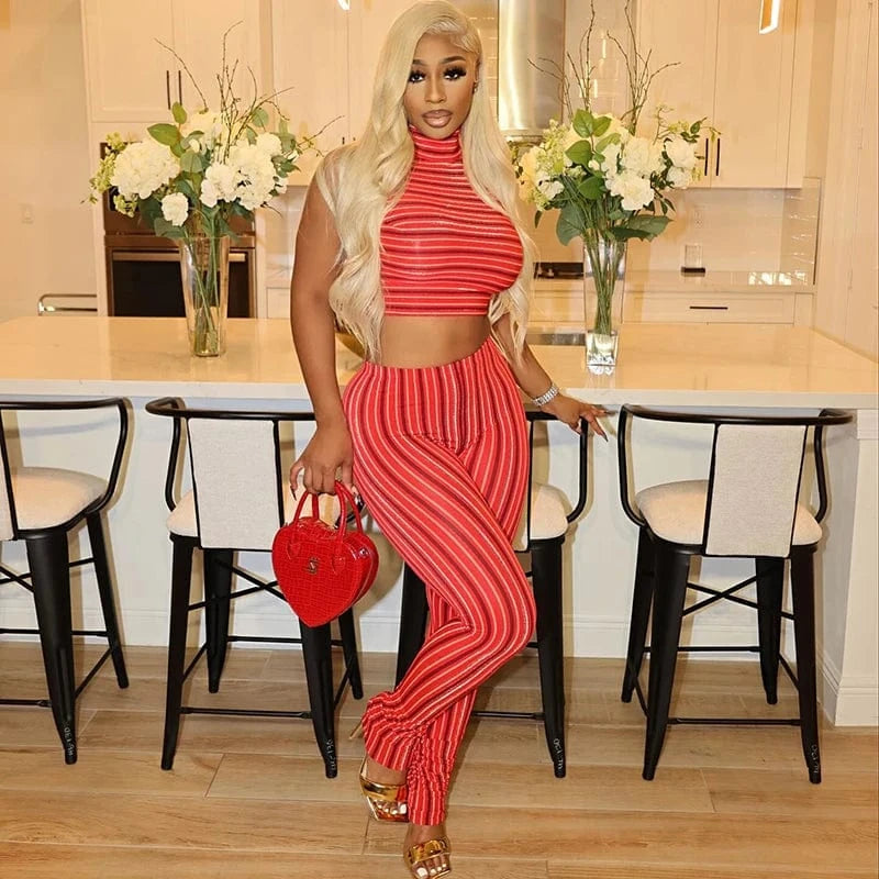 Bomblook R24ST018 New Arrivals Striped Sport Outfits Fitness Stand Collar Top Printed Two Piece Pants Summer Set Women 2024