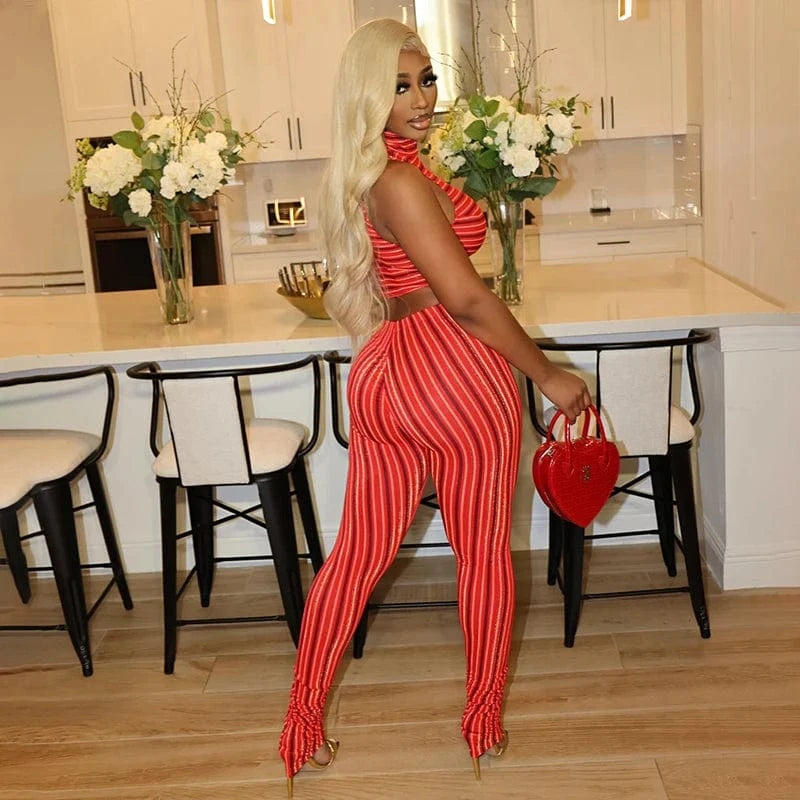 Bomblook R24ST018 New Arrivals Striped Sport Outfits Fitness Stand Collar Top Printed Two Piece Pants Summer Set Women 2024