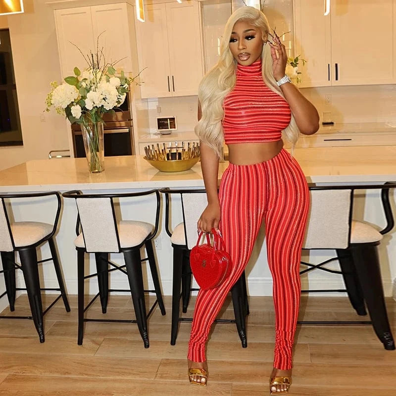 Bomblook R24ST018 New Arrivals Striped Sport Outfits Fitness Stand Collar Top Printed Two Piece Pants Summer Set Women 2024