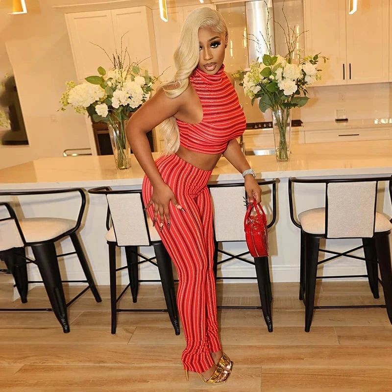 Bomblook R24ST018 New Arrivals Striped Sport Outfits Fitness Stand Collar Top Printed Two Piece Pants Summer Set Women 2024