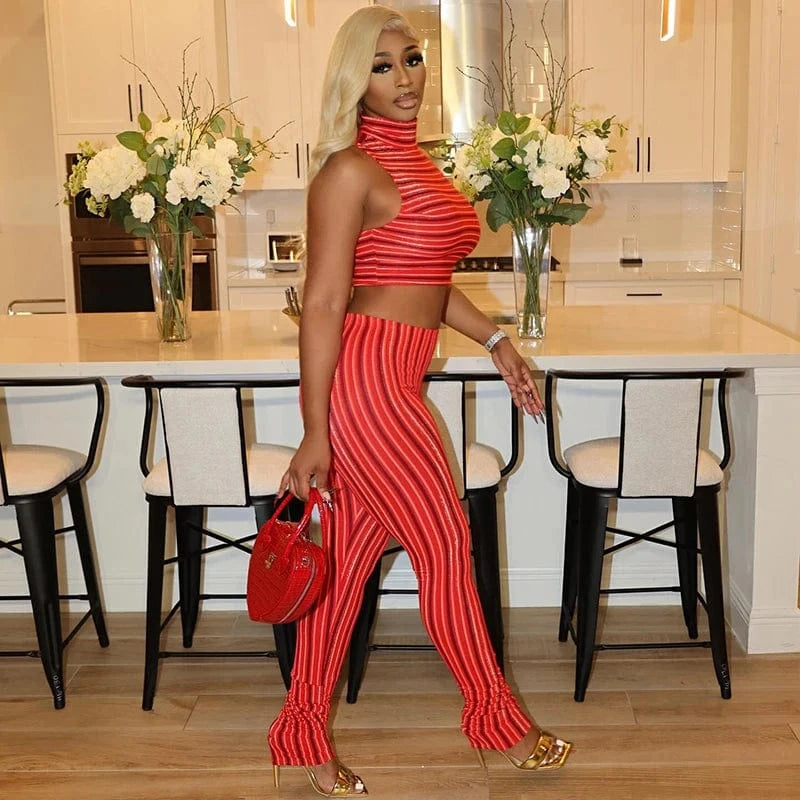 Bomblook R24ST018 New Arrivals Striped Sport Outfits Fitness Stand Collar Top Printed Two Piece Pants Summer Set Women 2024