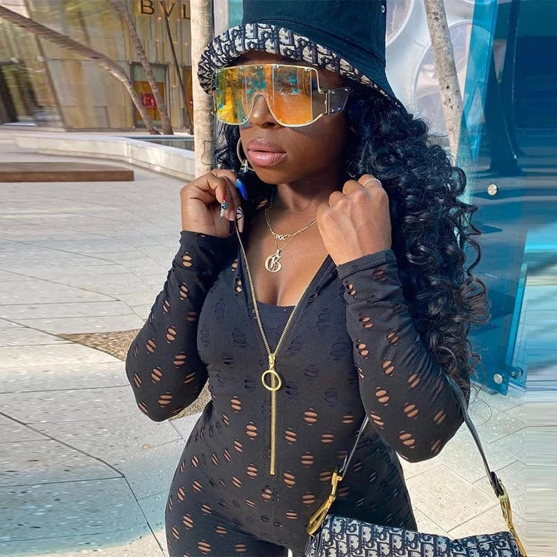 Bomblook Sexy Women's Jumpsuit 2024 New Arrival Long Sleeve Round Collar Solid Color Zipper Hole Overalls Fashion Streetwear