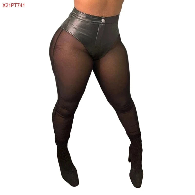 Bomblook X21PT741 Fashion New Arrival 2024 Women Leggings Leather Mesh Patchwork Button Partywear Women Leggings