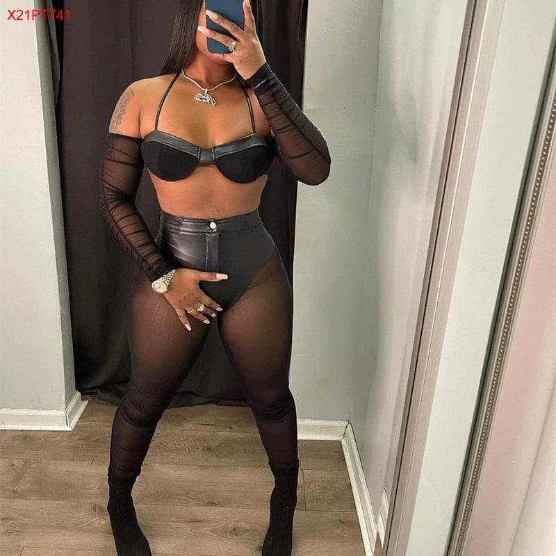 Bomblook X21PT741 Fashion New Arrival 2024 Women Leggings Leather Mesh Patchwork Button Partywear Women Leggings