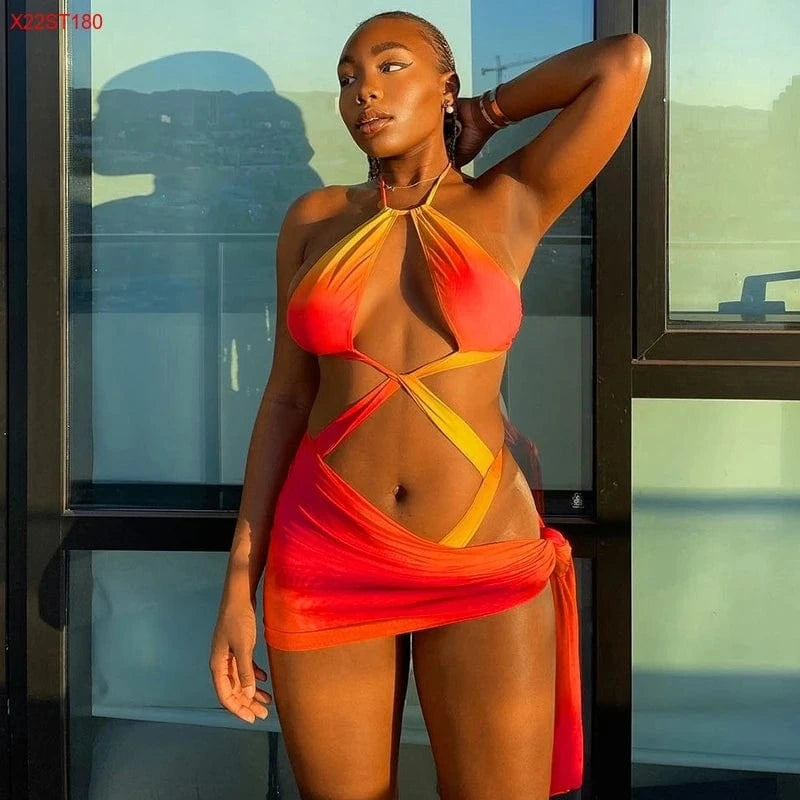 Bomblook X22ST180 2024 New Arrivals Sexy Tie Dye Hollow Out Halter Sleeveless Women Mini Beach Swim Wear Women Two Piece Set