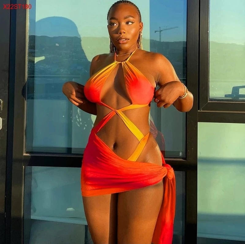 Bomblook X22ST180 2024 New Arrivals Sexy Tie Dye Hollow Out Halter Sleeveless Women Mini Beach Swim Wear Women Two Piece Set