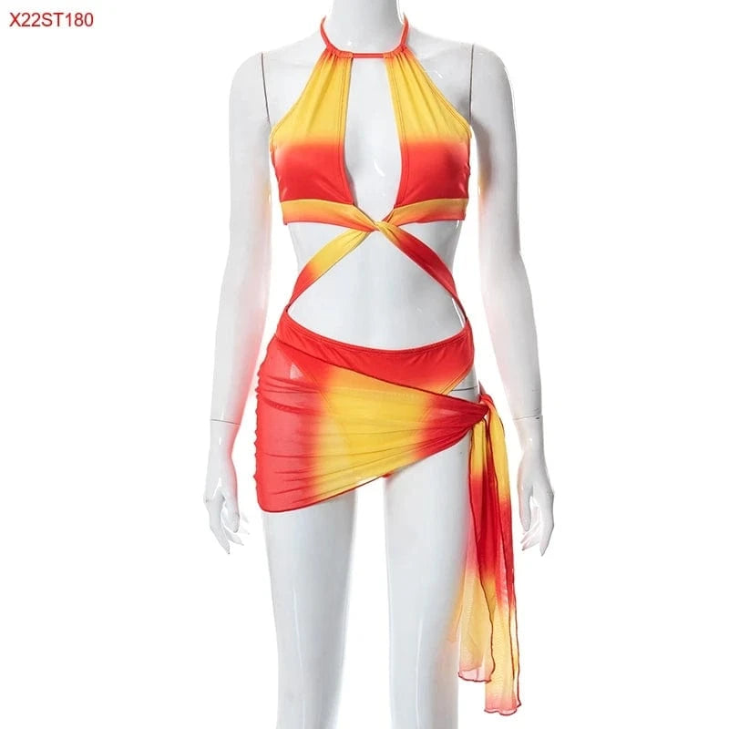 Bomblook X22ST180 2024 New Arrivals Sexy Tie Dye Hollow Out Halter Sleeveless Women Mini Beach Swim Wear Women Two Piece Set