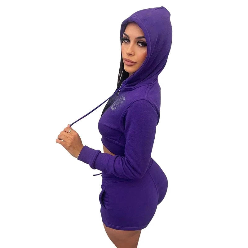 Bomblook X22ST423 2024 Rhinestone Hoodies Outfits Women Two Piece Pants Set Long Sleeve Shorts Set