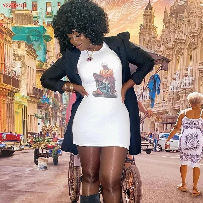 Bomblook Y22DS151 Summer New Arrivals O Neck Sleeveless Graphic Print Elegant Slim Mini Dress 2024 Women Fashion