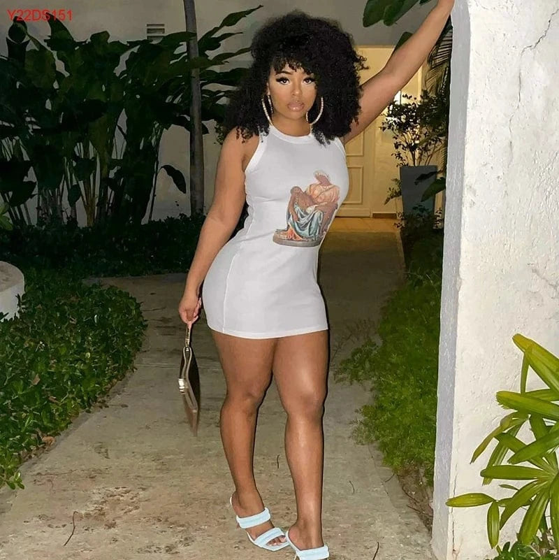 Bomblook Y22DS151 Summer New Arrivals O Neck Sleeveless Graphic Print Elegant Slim Mini Dress 2024 Women Fashion