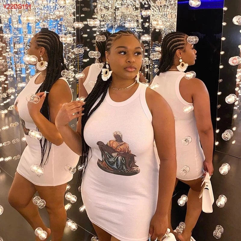 Bomblook Y22DS151 Summer New Arrivals O Neck Sleeveless Graphic Print Elegant Slim Mini Dress 2024 Women Fashion