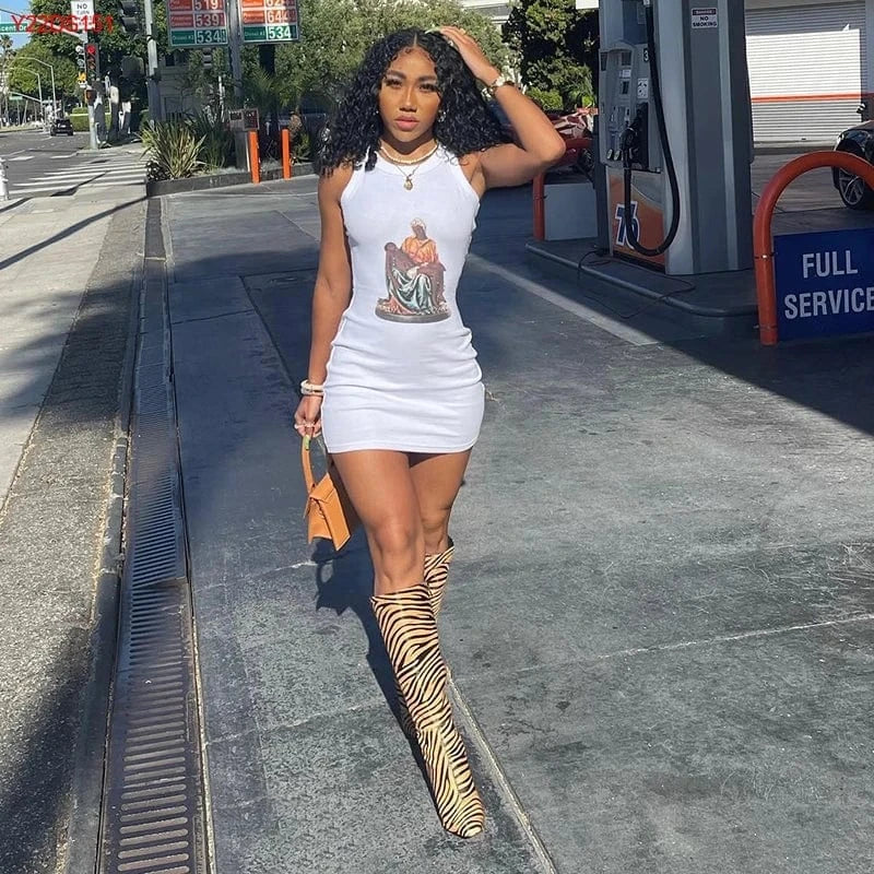 Bomblook Y22DS151 Summer New Arrivals O Neck Sleeveless Graphic Print Elegant Slim Mini Dress 2024 Women Fashion