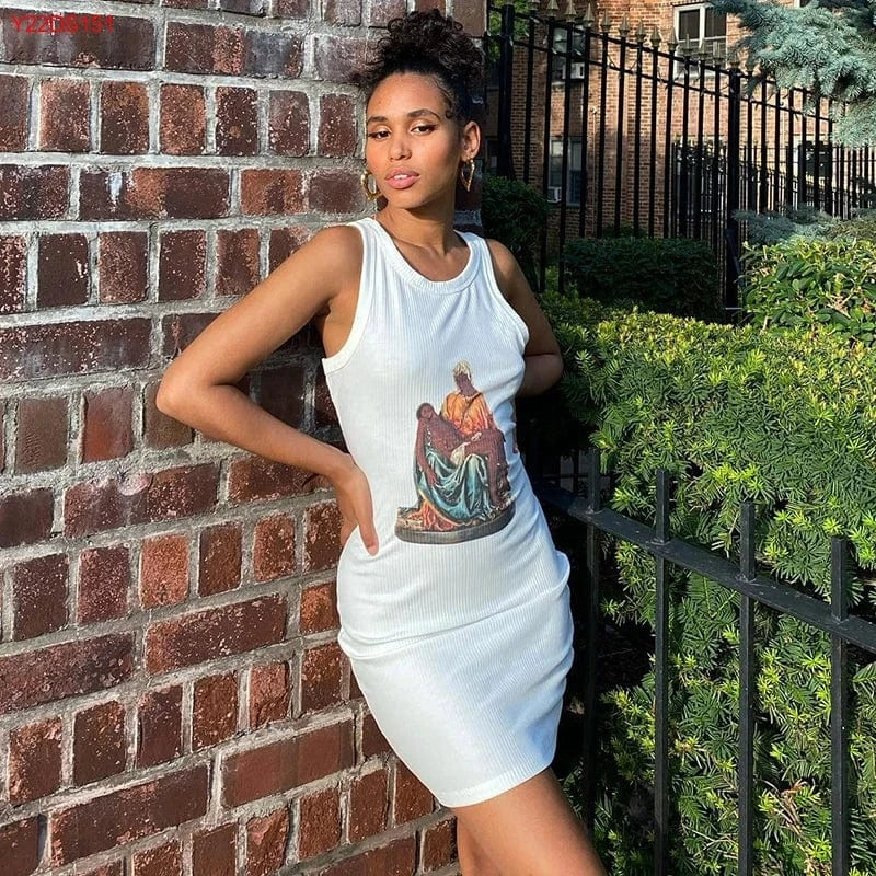 Bomblook Y22DS151 Summer New Arrivals O Neck Sleeveless Graphic Print Elegant Slim Mini Dress 2024 Women Fashion