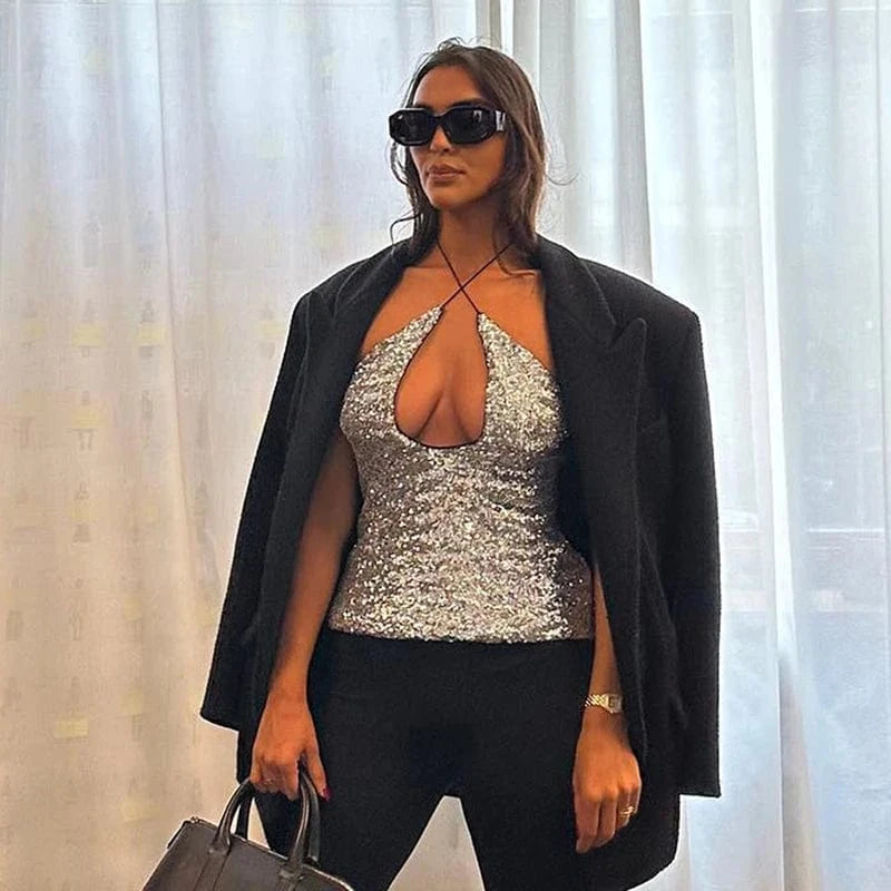 Bomblook Y23TP508 Fall Sequins Tank Top Clothes For Women Shiny Cami Tops Sexy Halter Women Seamless Tank Top