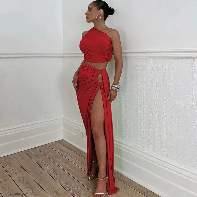 Bomblook Y305ST Elegant Outfits Irregular Ruched Top Two Piece Set With Maxi Slit Skirt Women Sets Women Slim Two Piece Set