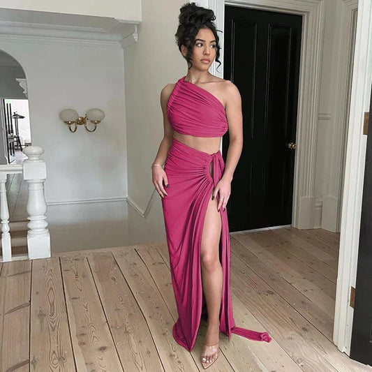 Bomblook Y305ST Elegant Outfits Irregular Ruched Top Two Piece Set With Maxi Slit Skirt Women Sets Women Slim Two Piece Set
