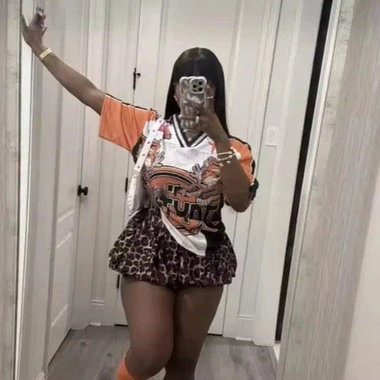 Bomblook Z1007ST02 Women V Neck Top And Mini Puffy Skirts Outfits Graphic Printing Loose Tshirts Two Piece Sets