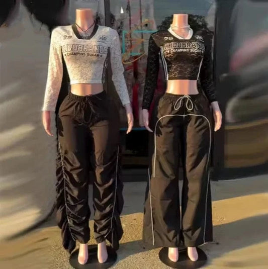 Bomblook Z1011ST 2024 2 Piece Set Long Sleeve Number Lace Crop Tops Loose Pants Suit for Women