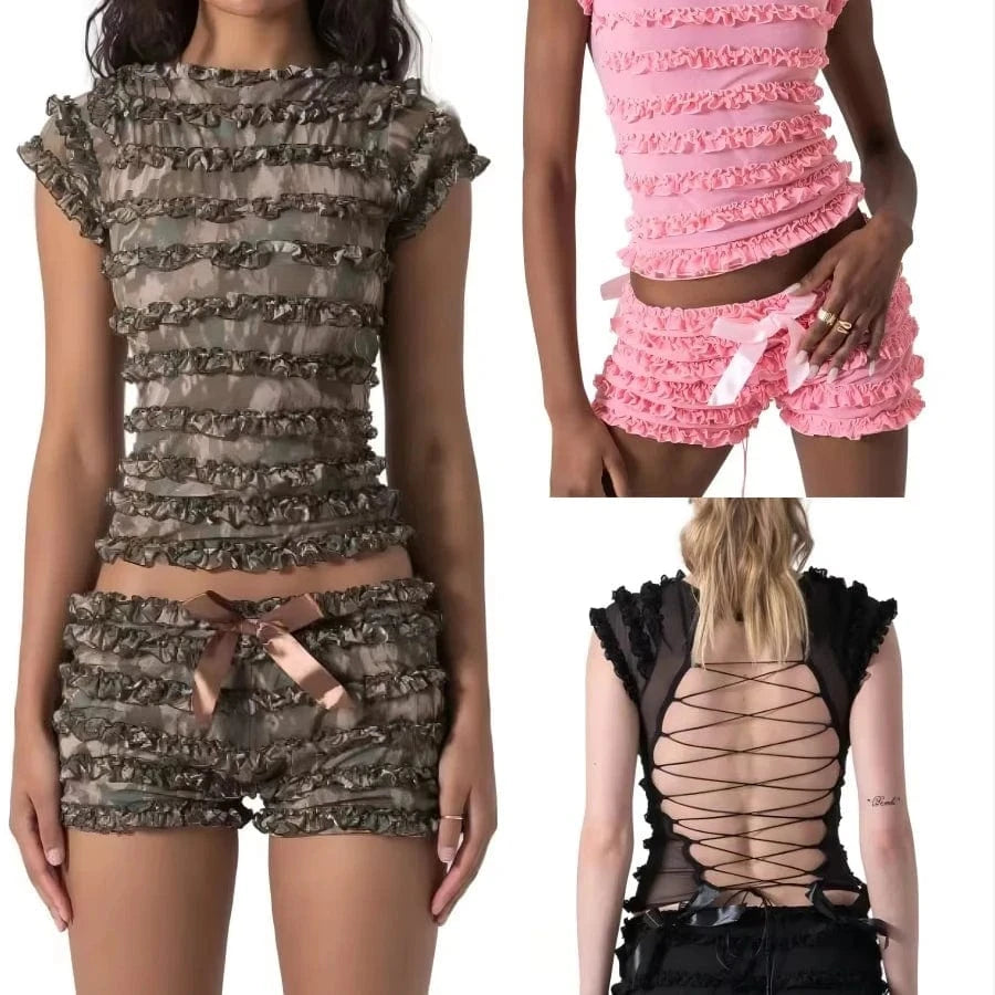 Bomblook Z802ST Sweet Spice Girl Wooden Ear Side Hollow Out Strappy Camisole Tank Top Women Summer Lace Pom Shorts 2 Piece