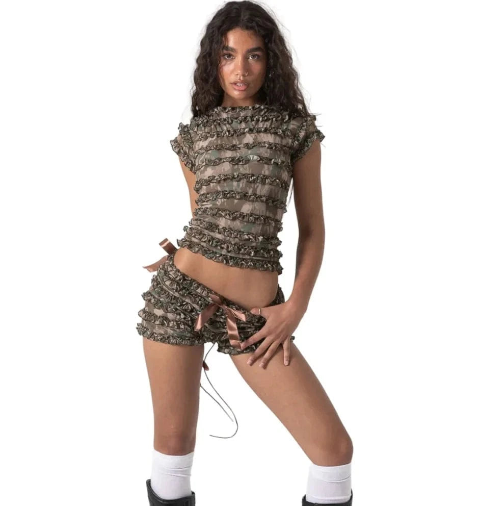 Bomblook Z802ST Sweet Spice Girl Wooden Ear Side Hollow Out Strappy Camisole Tank Top Women Summer Lace Pom Shorts 2 Piece