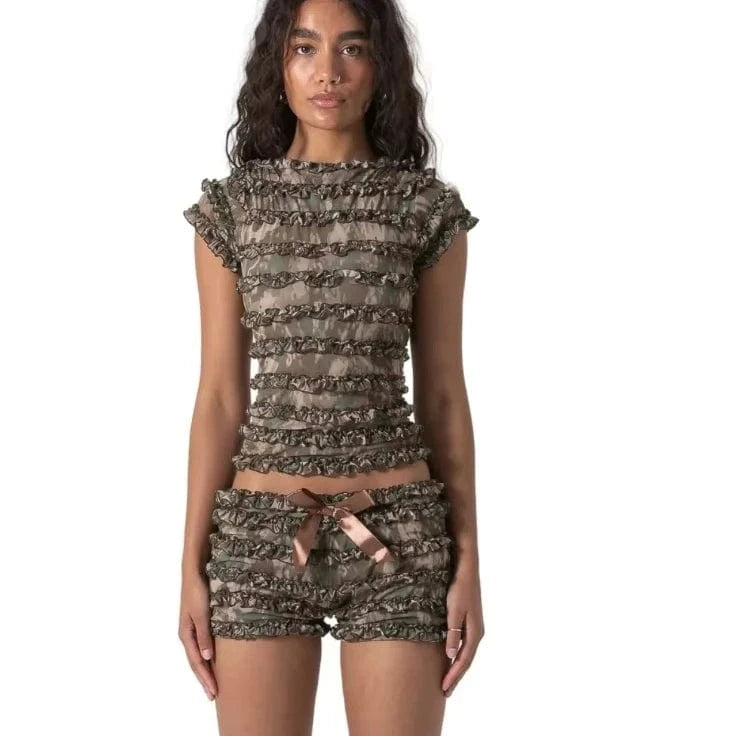 Bomblook Z802ST Sweet Spice Girl Wooden Ear Side Hollow Out Strappy Camisole Tank Top Women Summer Lace Pom Shorts 2 Piece