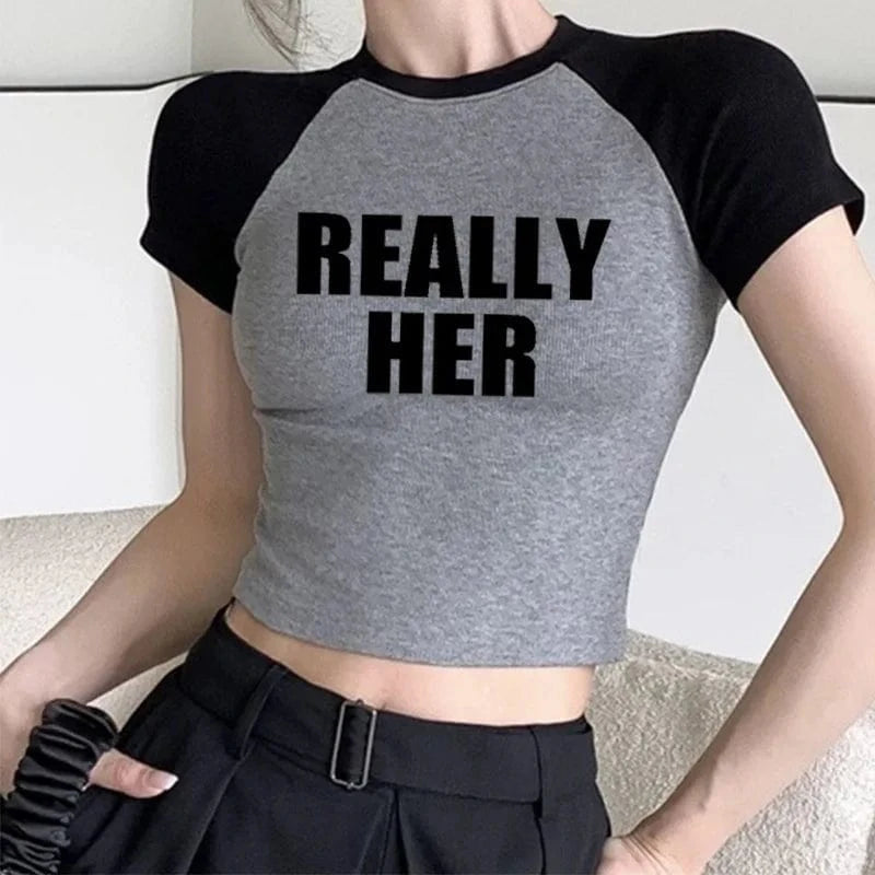 Bomblook Z808TP Top Selling Letter Pattern Printed Crew Neck Crop Top Selling Products 2024 Women Short Sleeve Top Streetwear