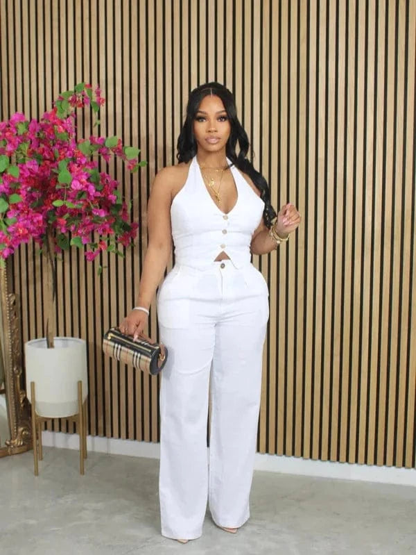Bomblook Z828ST03 Solid Color V-neck Halter Neck Suit Vest + Trousers Set Two-piece Suit