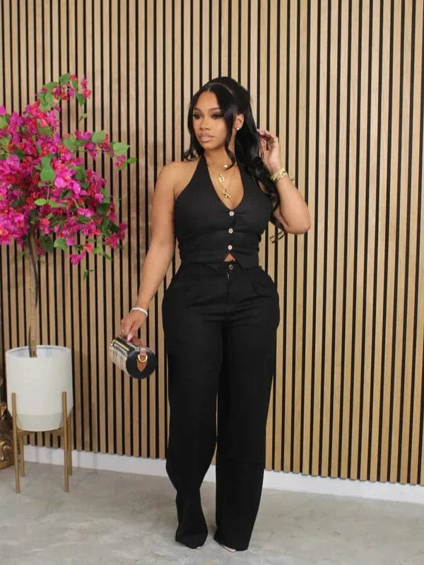 Bomblook Z828ST03 Solid Color V-neck Halter Neck Suit Vest + Trousers Set Two-piece Suit