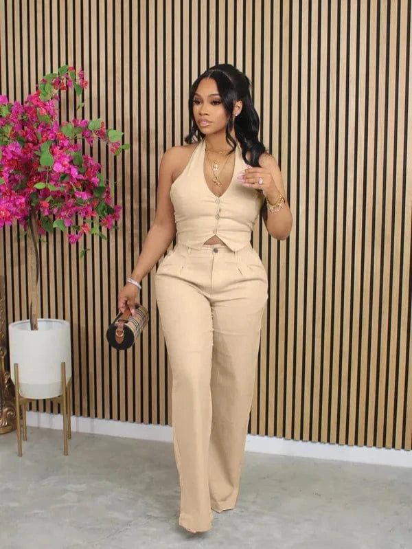 Bomblook Z828ST03 Solid Color V-neck Halter Neck Suit Vest + Trousers Set Two-piece Suit