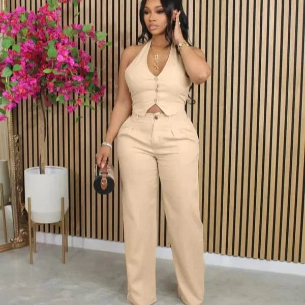 Bomblook Z828ST03 Solid Color V-neck Halter Neck Suit Vest + Trousers Set Two-piece Suit