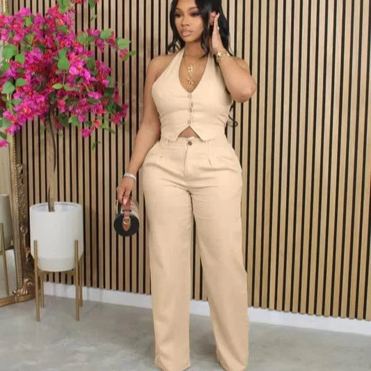 Bomblook Z828ST03 Solid Color V-neck Halter Neck Suit Vest + Trousers Set Two-piece Suit