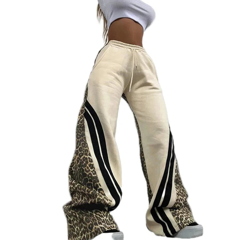 Bomblook Z903PT01 2024 Autumn New Street Trendy Leopard Print Stripe Color blocked High Waist Loose Pants for Women