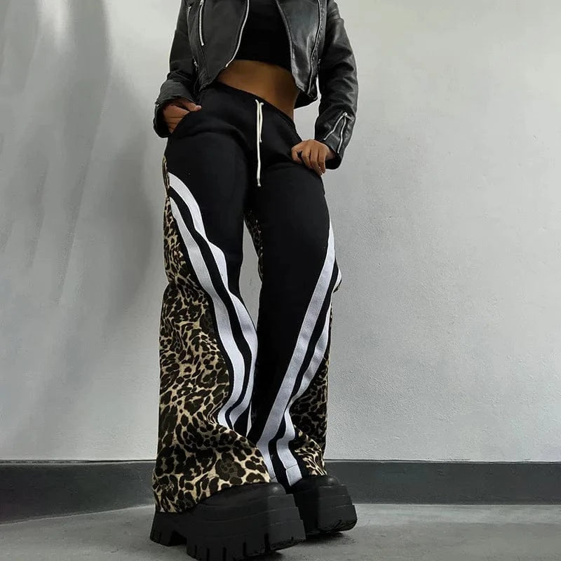 Bomblook Z903PT01 2024 Autumn New Street Trendy Leopard Print Stripe Color blocked High Waist Loose Pants for Women