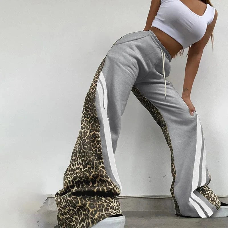Bomblook Z903PT01 2024 Autumn New Street Trendy Leopard Print Stripe Color blocked High Waist Loose Pants for Women