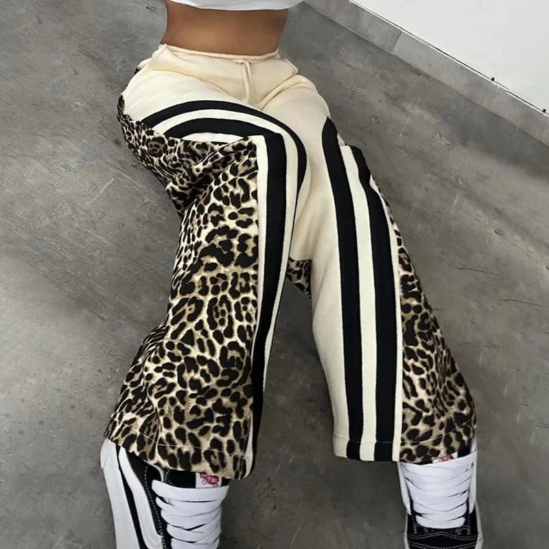 Bomblook Z903PT01 2024 Autumn New Street Trendy Leopard Print Stripe Color blocked High Waist Loose Pants for Women