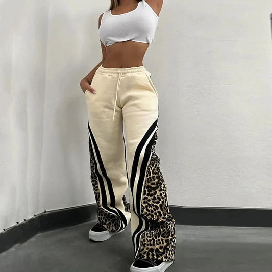 Bomblook Z903PT01 2024 Autumn New Street Trendy Leopard Print Stripe Color blocked High Waist Loose Pants for Women