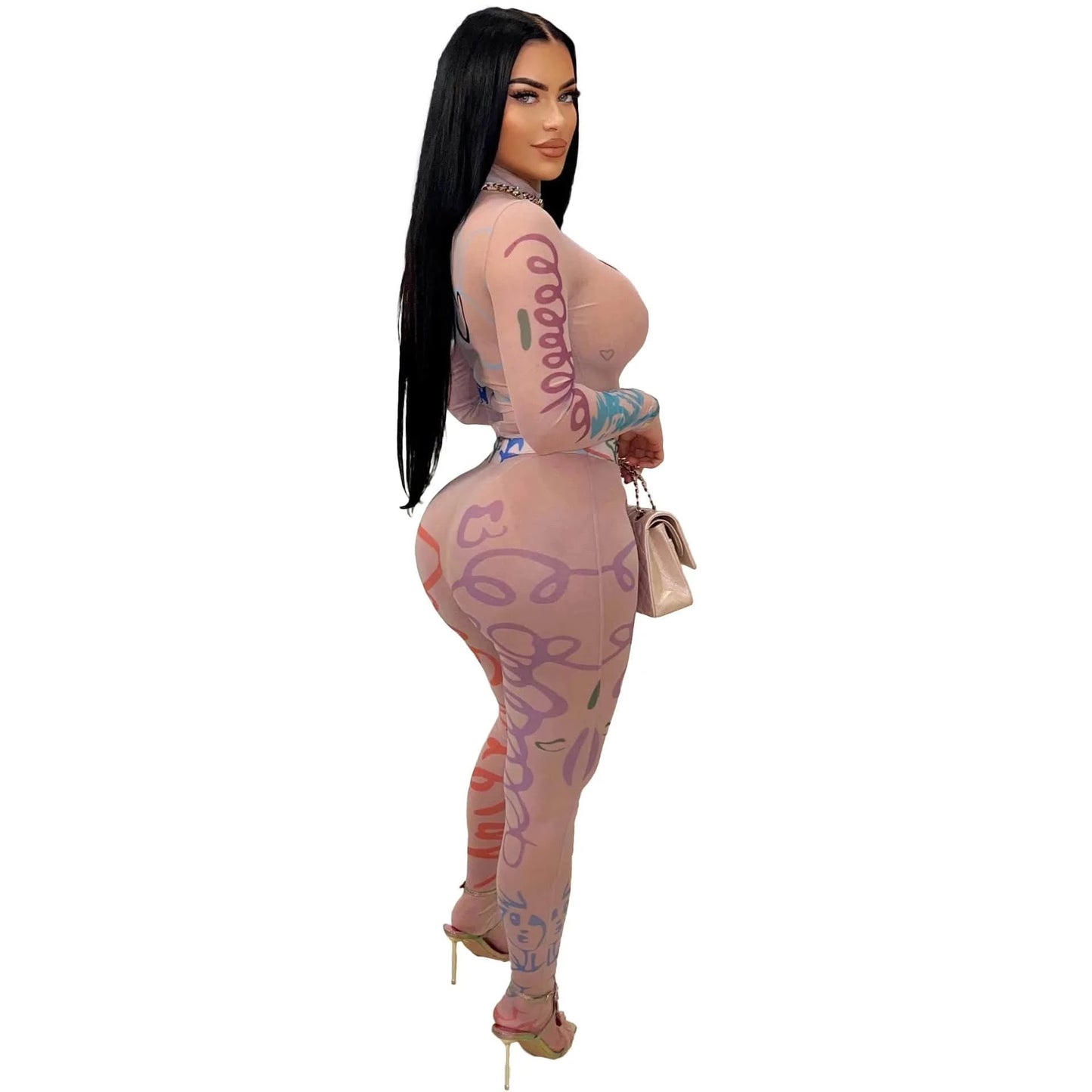 Bomblook Z906ST04 2024 Autumn Printed Perspective Mesh Tight Top Combo+Pants Set Two Piece Set Casual Wear Women's Sets
