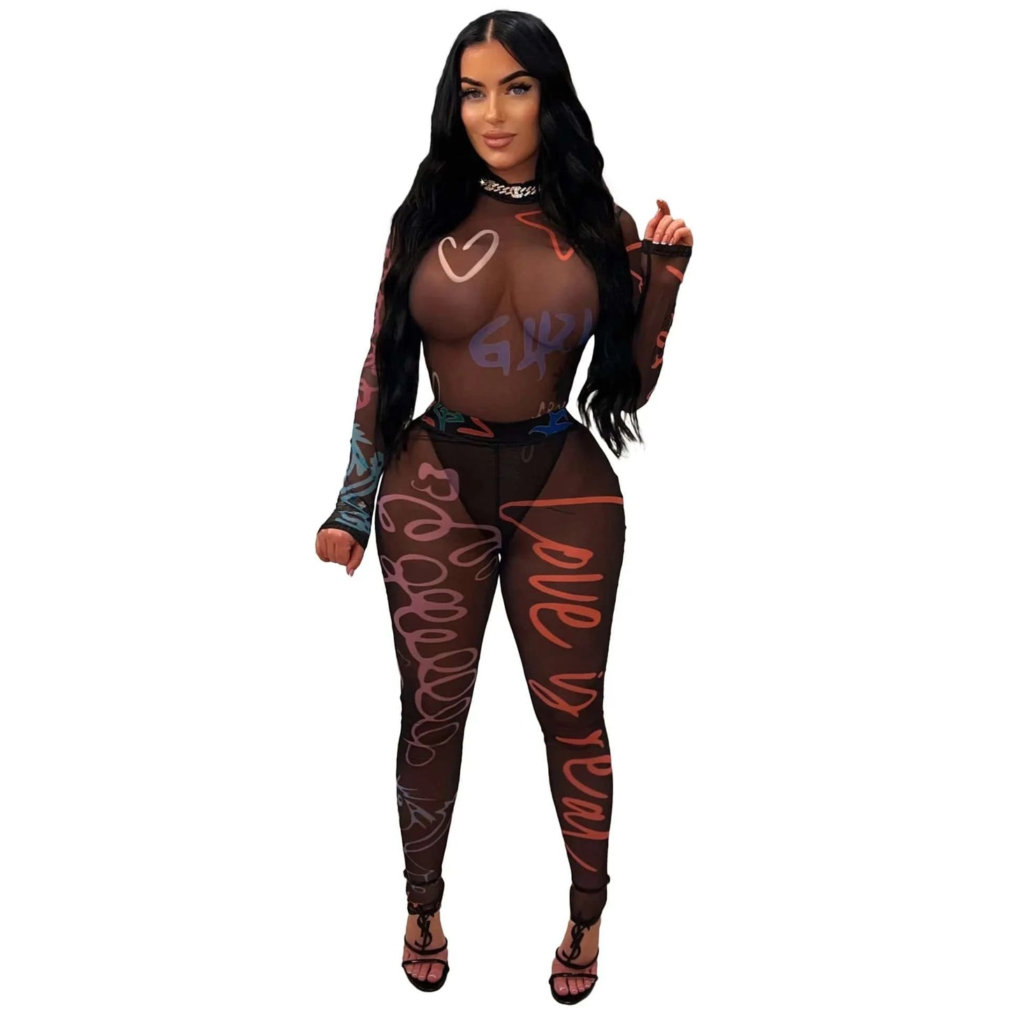 Bomblook Z906ST04 2024 Autumn Printed Perspective Mesh Tight Top Combo+Pants Set Two Piece Set Casual Wear Women's Sets
