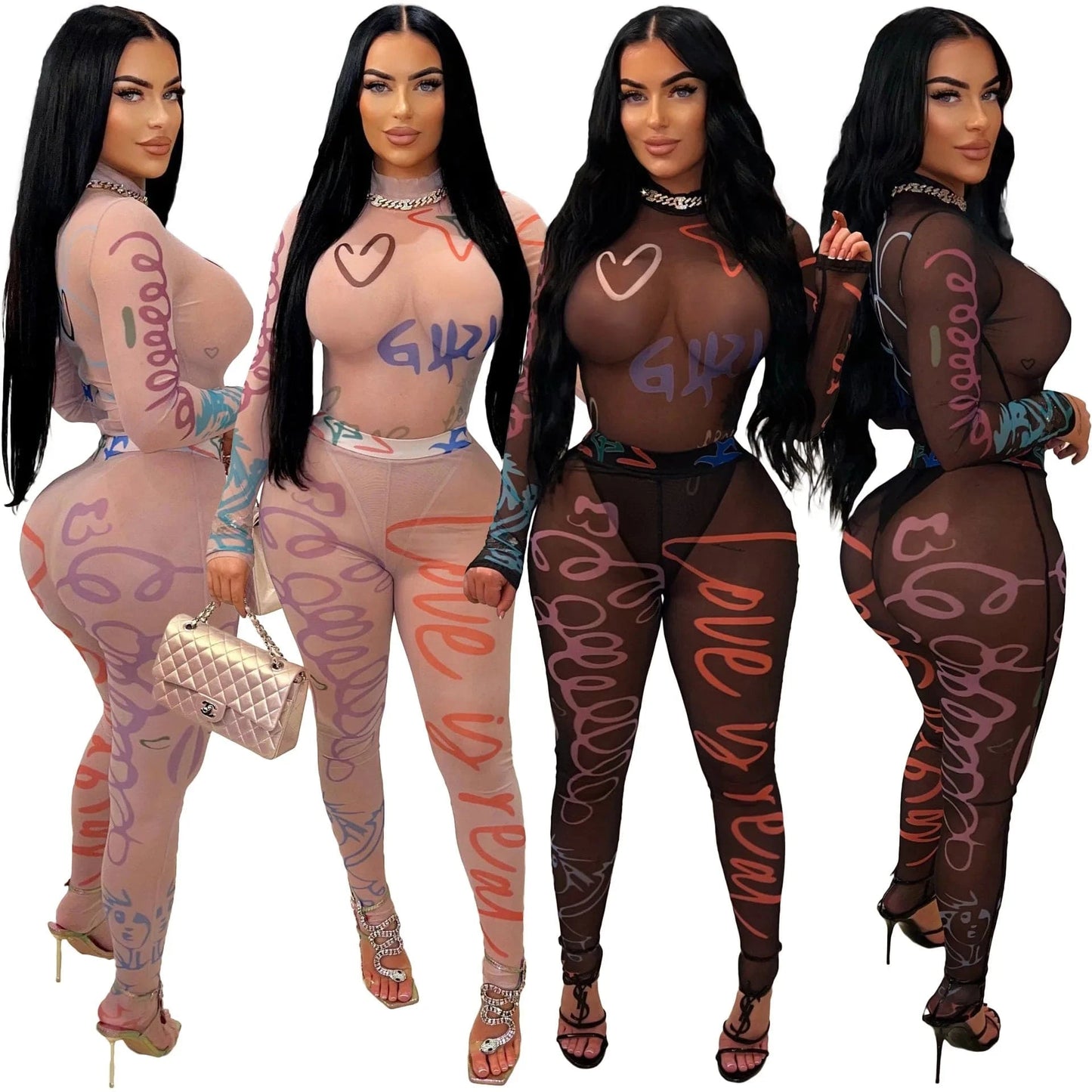 Bomblook Z906ST04 2024 Autumn Printed Perspective Mesh Tight Top Combo+Pants Set Two Piece Set Casual Wear Women's Sets