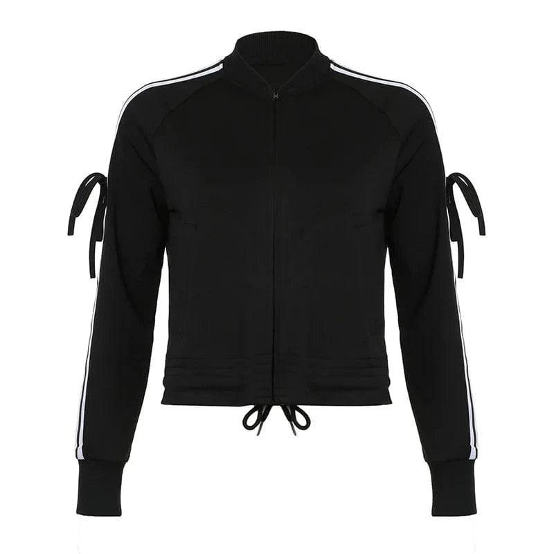 Bomblook Z915ST02 Street Sports Bow Striped Jacket Stand Collar Women's Slim Fit Zipper Jacket+Pants Bow Pants 2 Piece Set