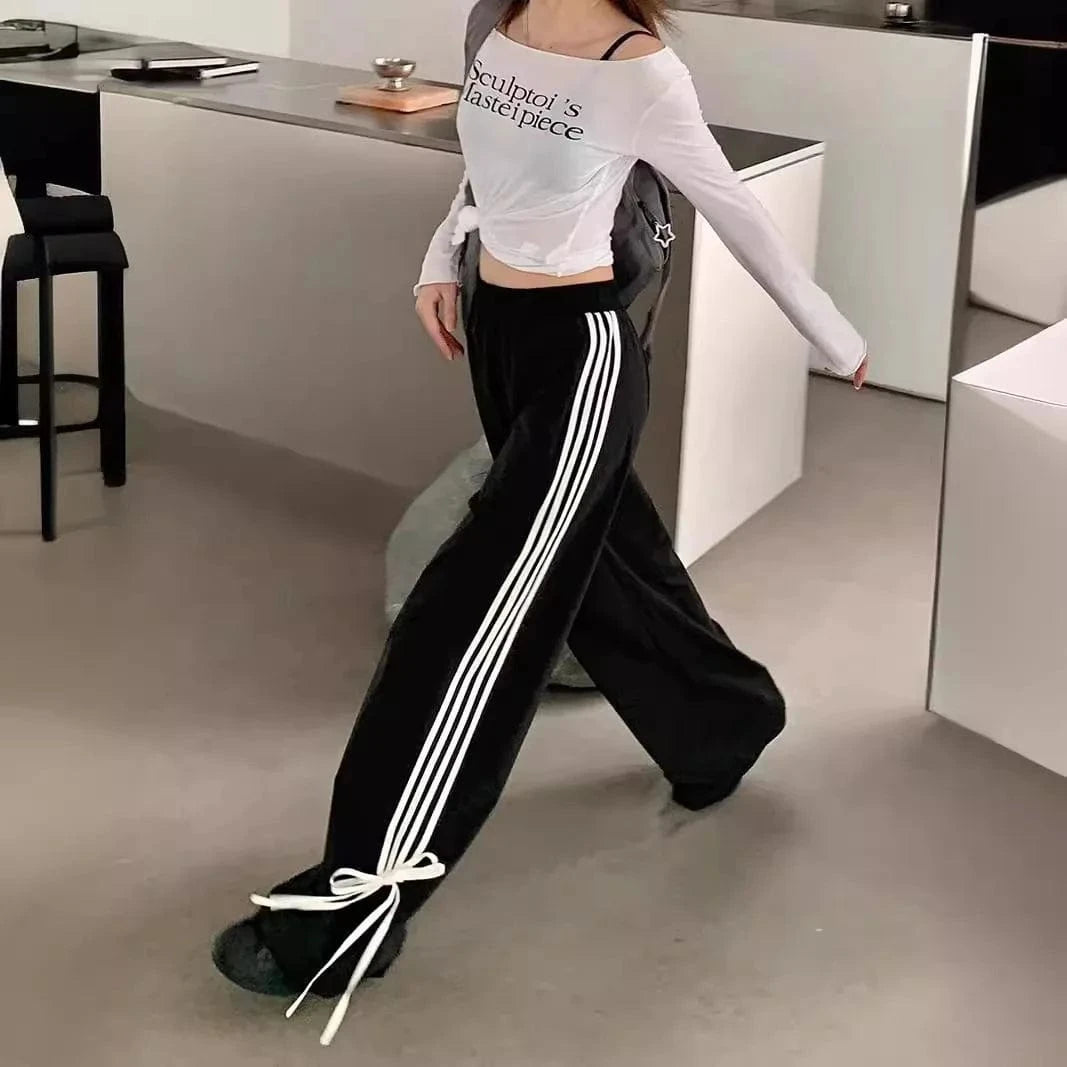 Bomblook Z915ST02 Street Sports Bow Striped Jacket Stand Collar Women's Slim Fit Zipper Jacket+Pants Bow Pants 2 Piece Set