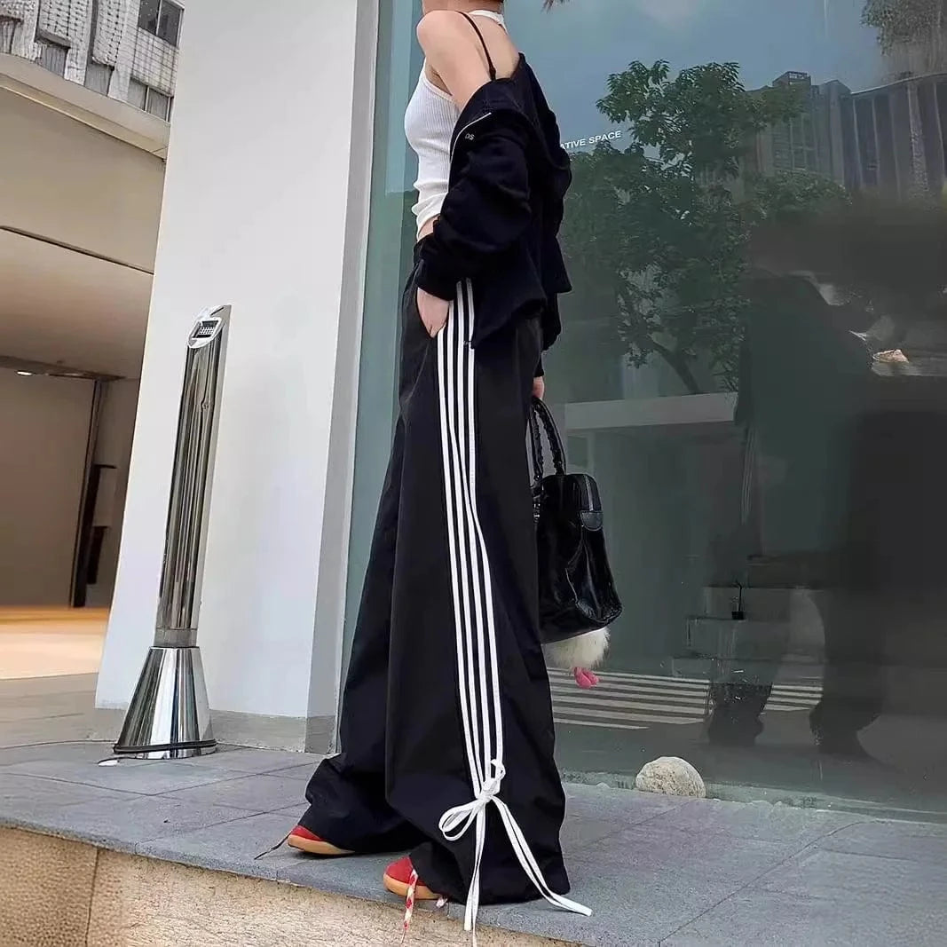 Bomblook Z915ST02 Street Sports Bow Striped Jacket Stand Collar Women's Slim Fit Zipper Jacket+Pants Bow Pants 2 Piece Set