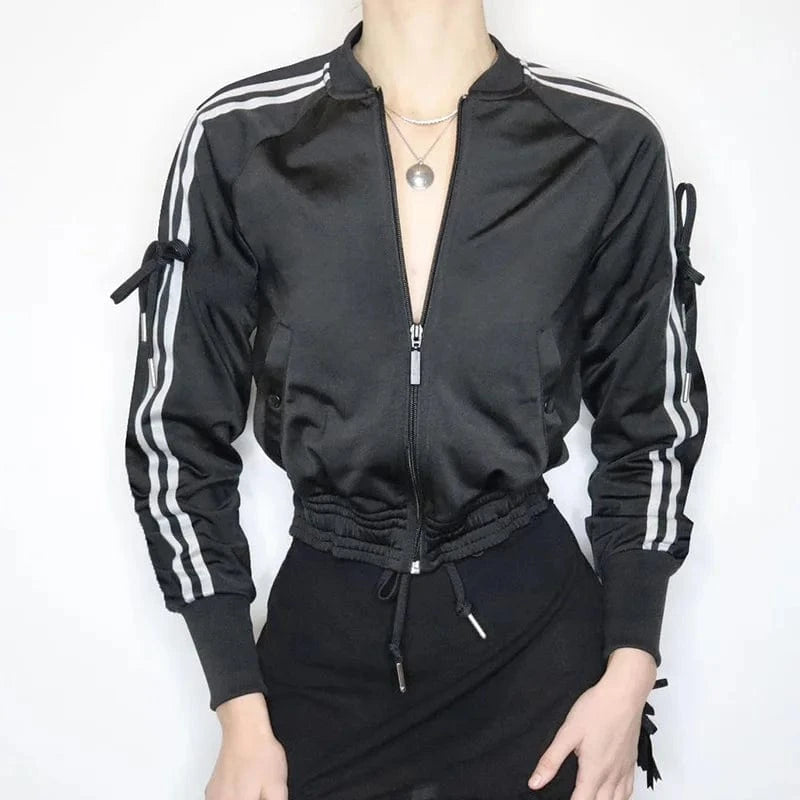 Bomblook Z915ST02 Street Sports Bow Striped Jacket Stand Collar Women's Slim Fit Zipper Jacket+Pants Bow Pants 2 Piece Set
