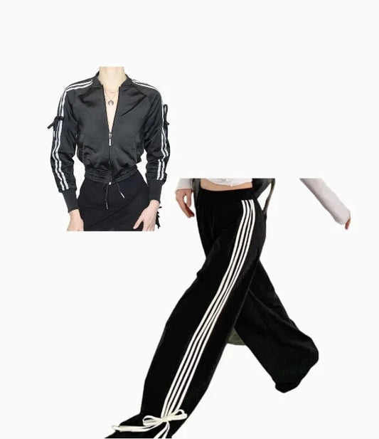Bomblook Z915ST02 Street Sports Bow Striped Jacket Stand Collar Women's Slim Fit Zipper Jacket+Pants Bow Pants 2 Piece Set
