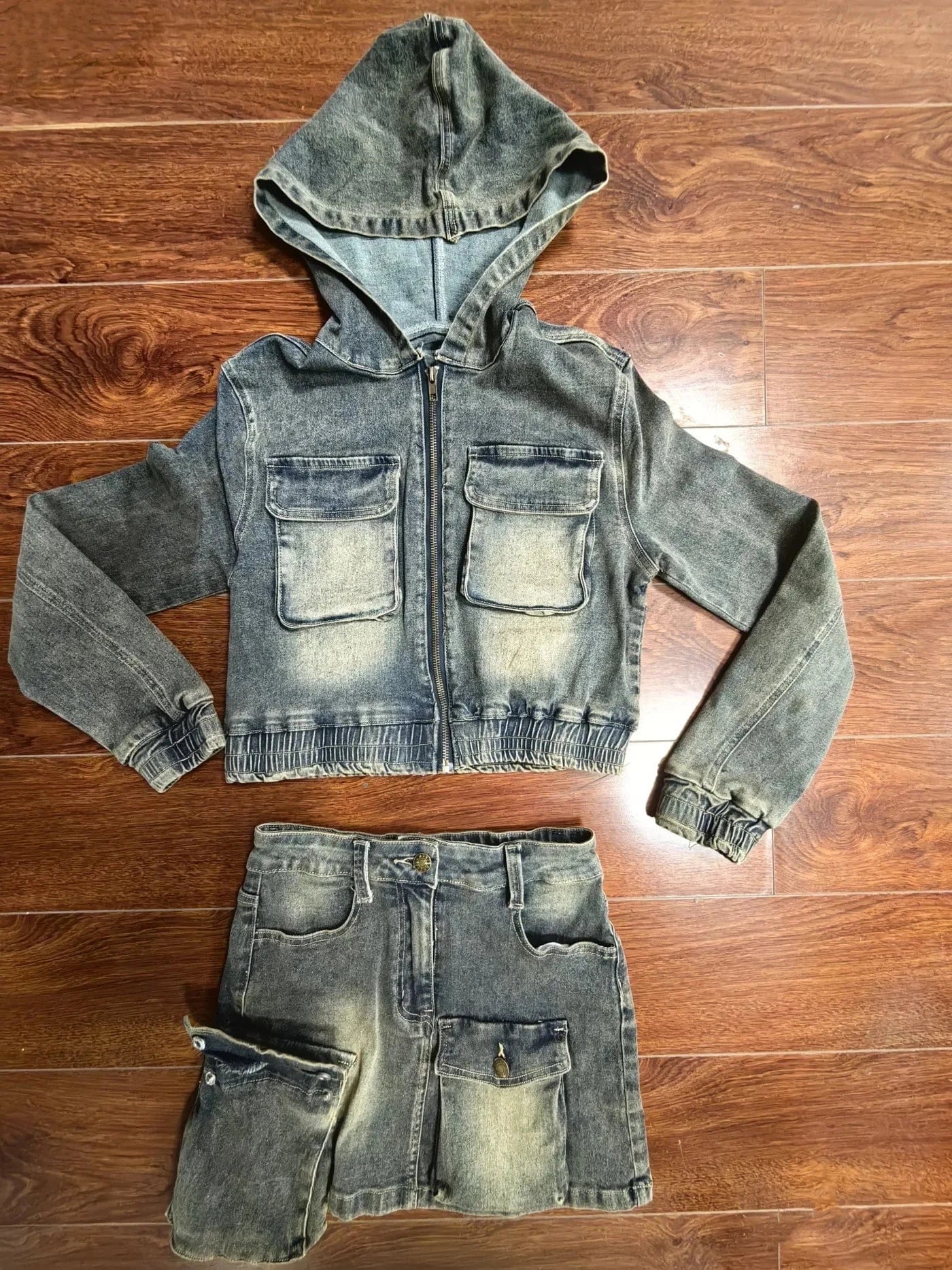 Bomblook Z918ST Denim Jacket Outfits Stretch Zipper Crop Jacket + Mini Skirt Sets Lady Casual Y2K 2-piece Set Women's Sets