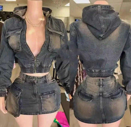 Bomblook Z918ST Denim Jacket Outfits Stretch Zipper Crop Jacket + Mini Skirt Sets Lady Casual Y2K 2-piece Set Women's Sets